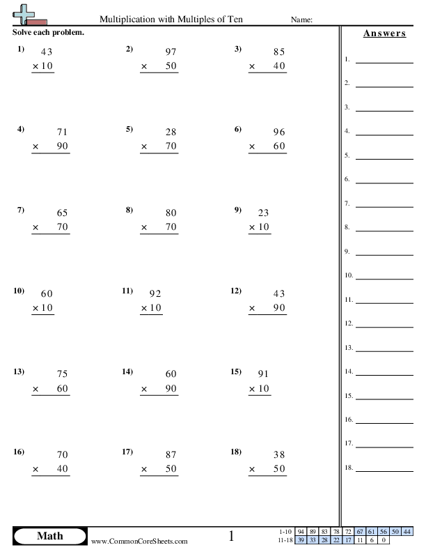 Multiplying 10s worksheet